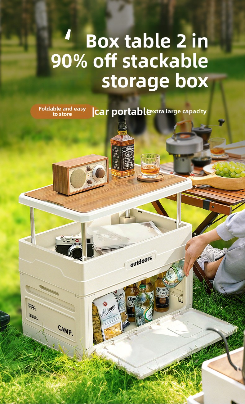 Car Trunk Organizer Foldable Storage Box - Camping-Klapp-Aufbewahrungsbox mit Holzdeckel, Tisch- und Stuhl-Set,